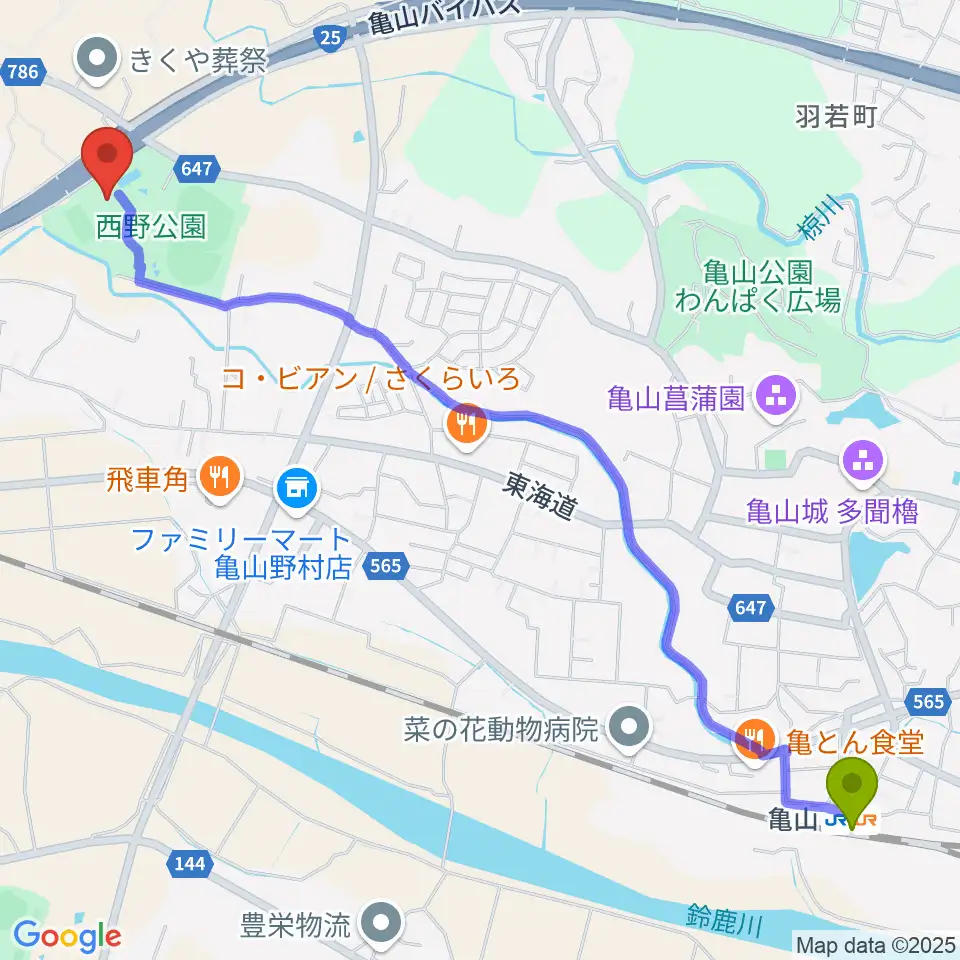 亀山市西野公園体育館の最寄駅亀山駅からの徒歩ルート（約32分）地図