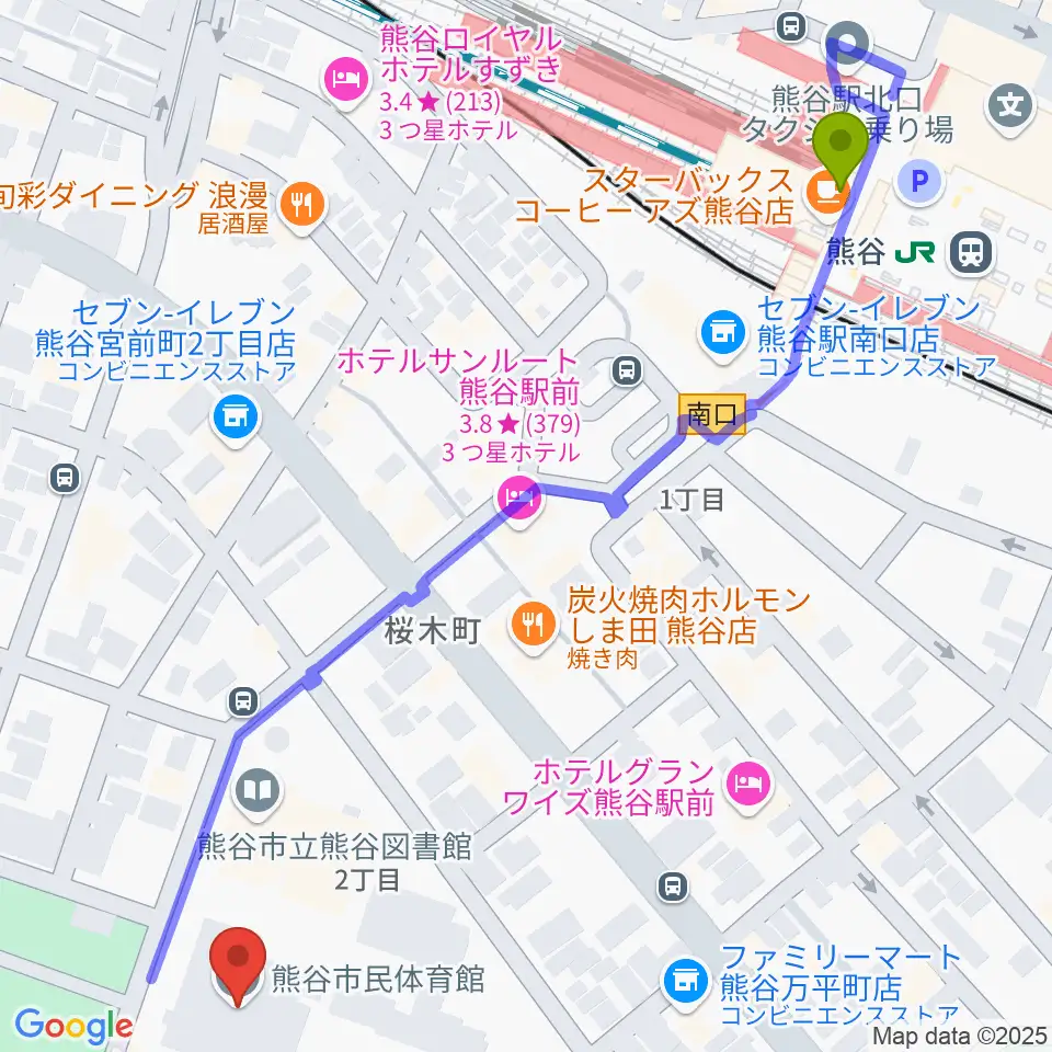 熊谷市立市民体育館の最寄駅熊谷駅からの徒歩ルート（約7分）地図