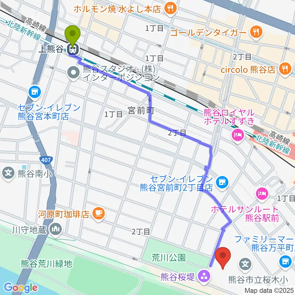 上熊谷駅から熊谷市立市民体育館へのルートマップ地図