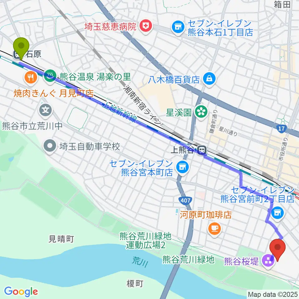 石原駅から熊谷市立市民体育館へのルートマップ地図