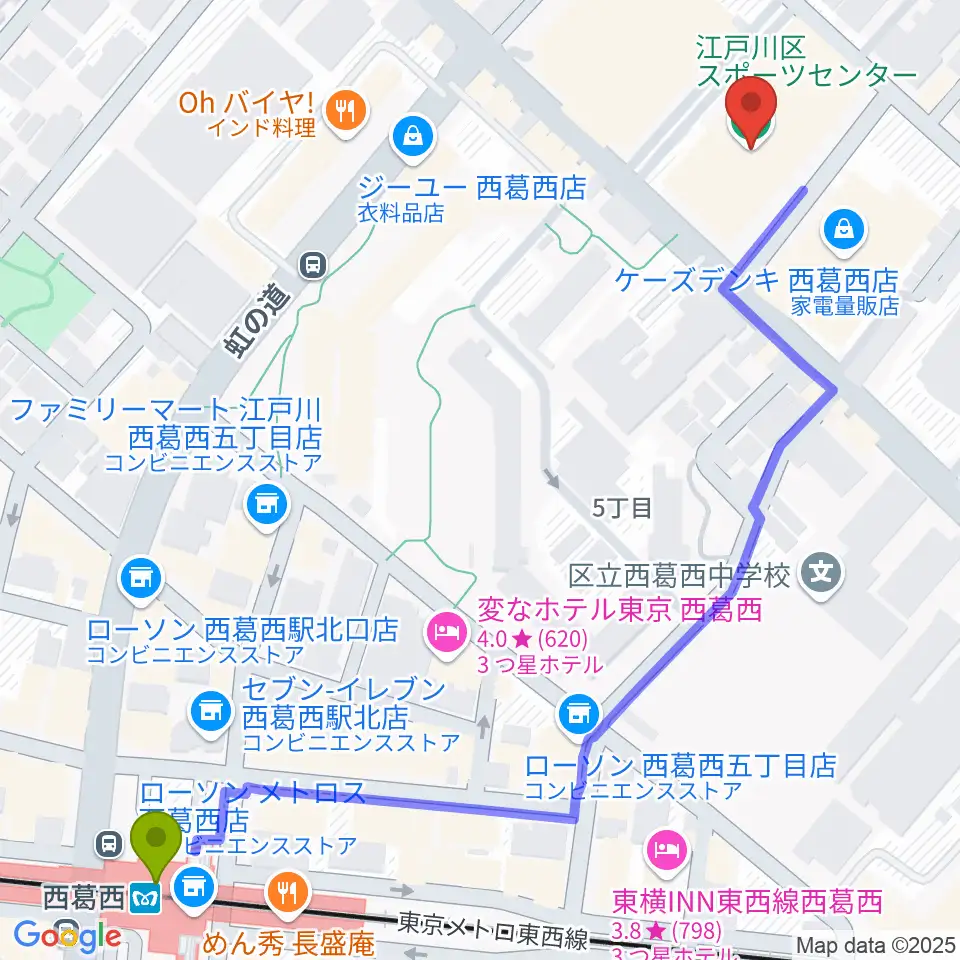 江戸川区スポーツセンターの最寄駅西葛西駅からの徒歩ルート（約8分）地図