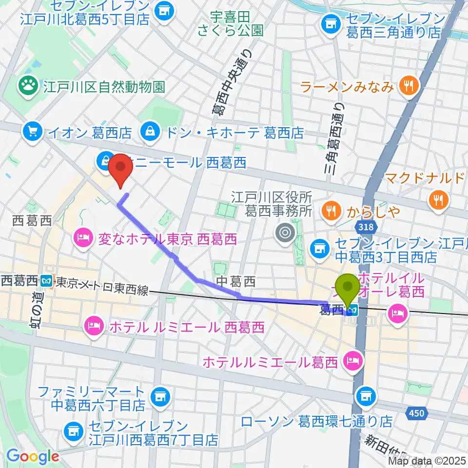 葛西駅から江戸川区スポーツセンターへのルートマップ地図