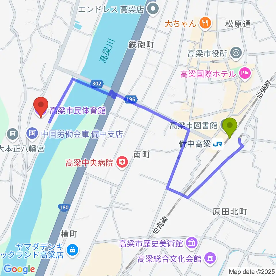 高梁市民体育館の最寄駅備中高梁駅からの徒歩ルート（約11分）地図