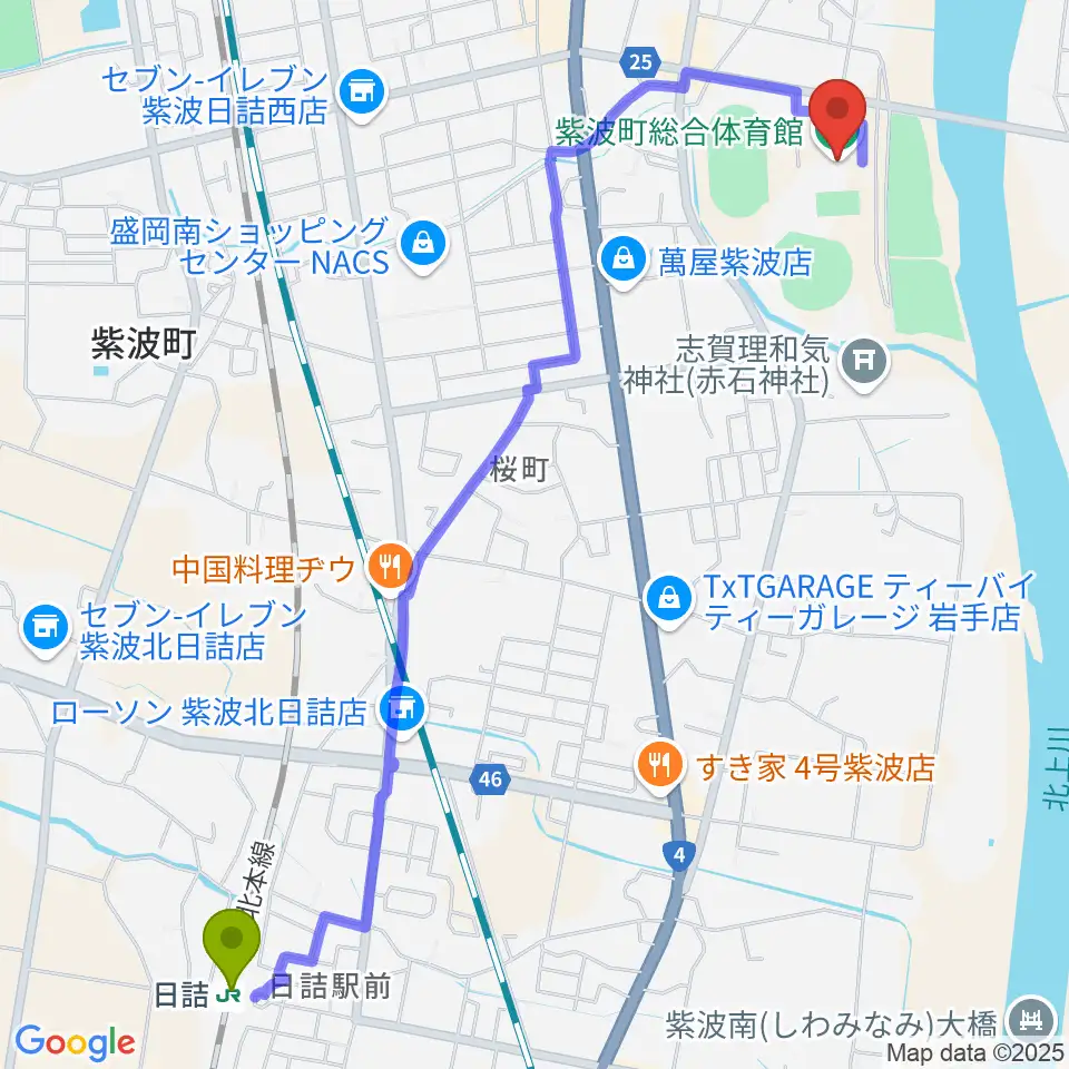 日詰駅から紫波町総合体育館へのルートマップ地図