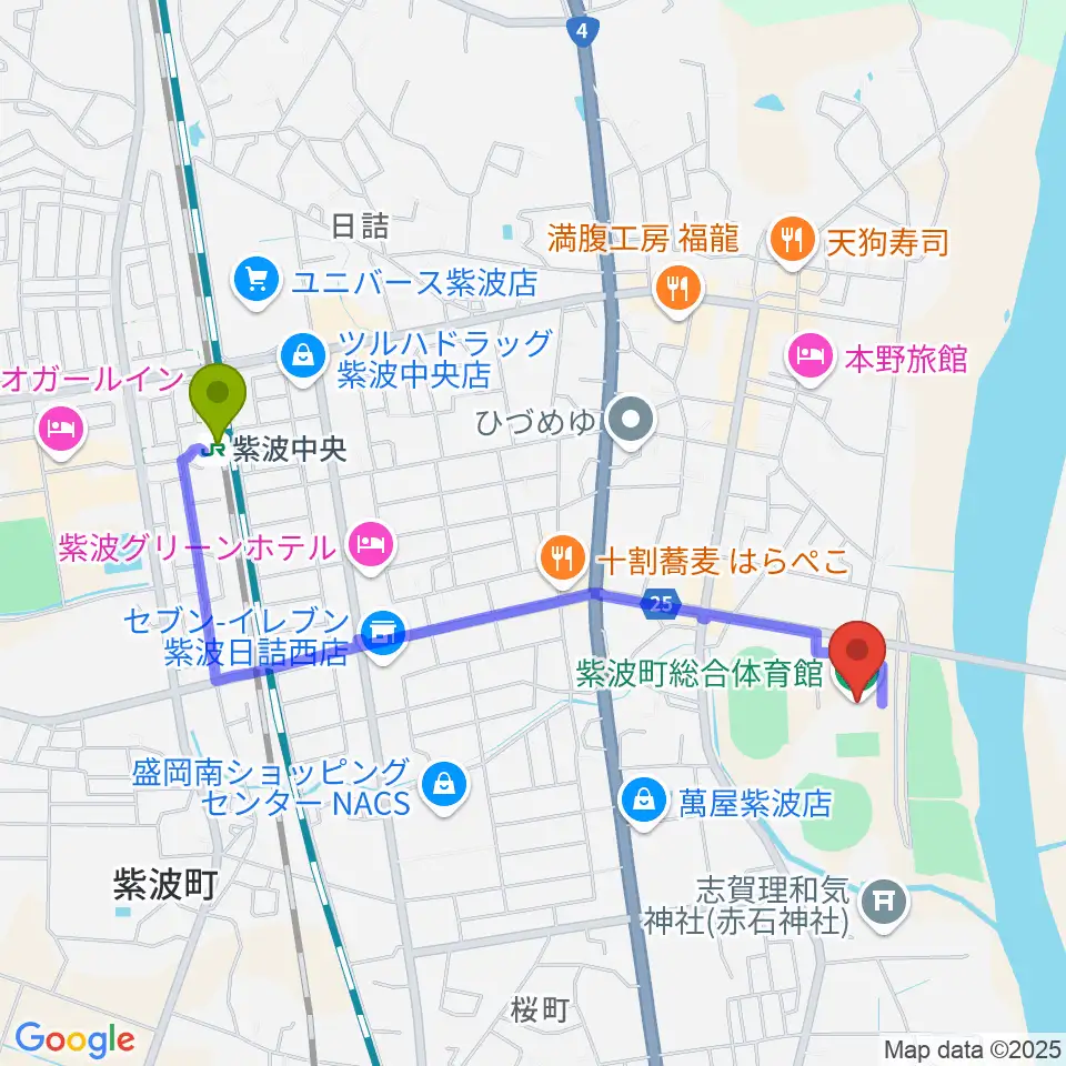紫波町総合体育館の最寄駅紫波中央駅からの徒歩ルート（約19分）地図