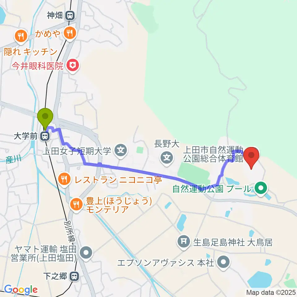 大学前駅から上田市自然運動公園総合体育館へのルートマップ地図