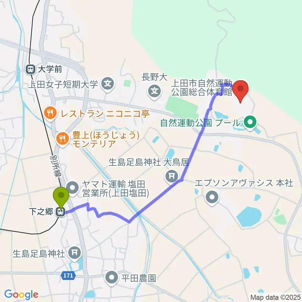 上田市自然運動公園総合体育館の最寄駅下之郷駅からの徒歩ルート（約21分）地図