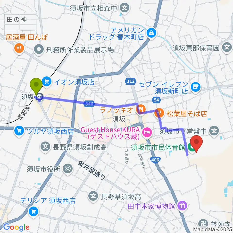 須坂市市民体育館の最寄駅須坂駅からの徒歩ルート（約22分）地図