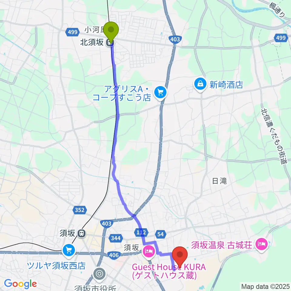 北須坂駅から須坂市市民体育館へのルートマップ地図