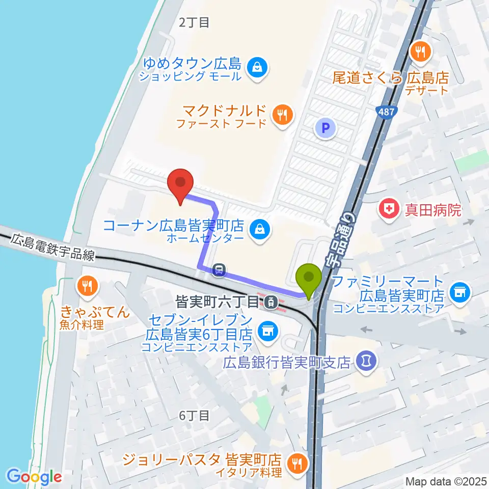 猫田記念体育館の最寄駅皆実町六丁目駅からの徒歩ルート（約3分）地図