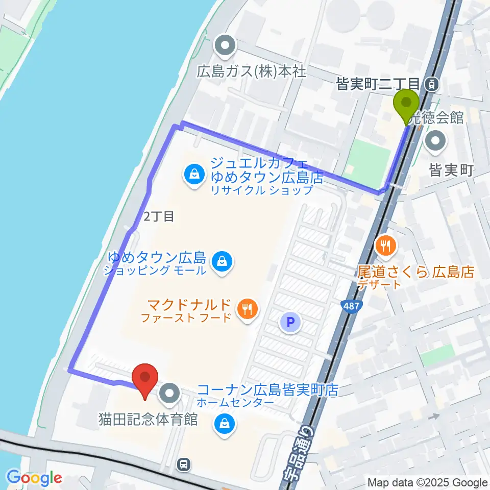 皆実町二丁目駅から猫田記念体育館へのルートマップ地図