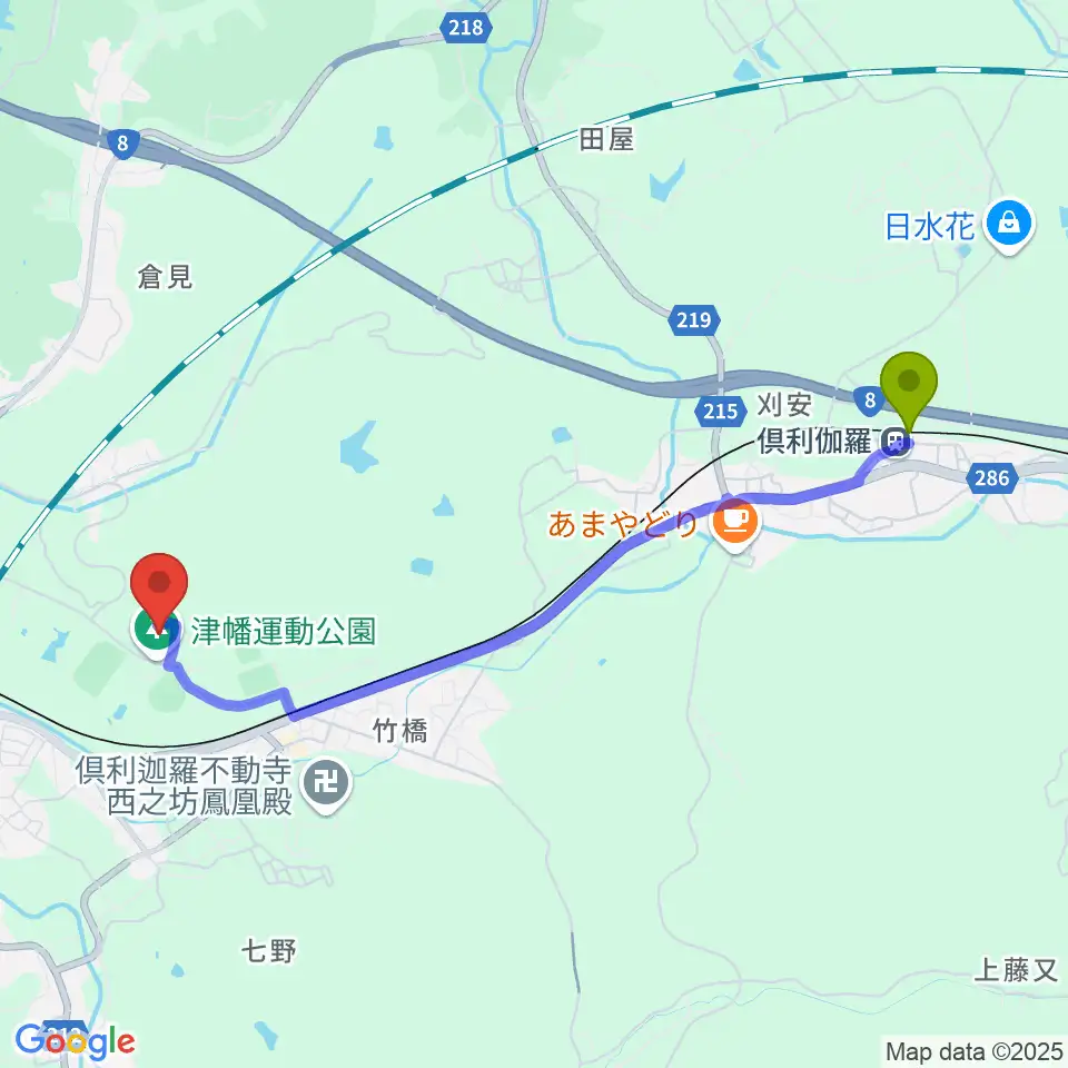 倶利伽羅駅から津幡運動公園体育館へのルートマップ地図