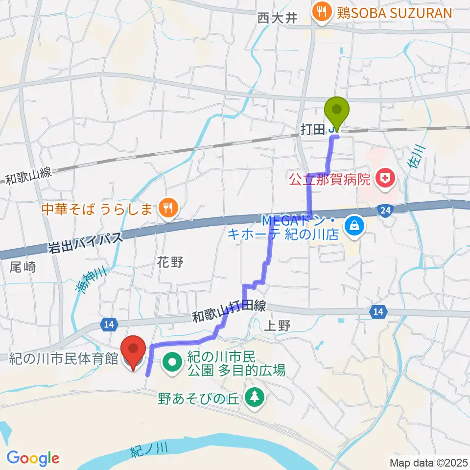 紀の川市民体育館の最寄駅打田駅からの徒歩ルート（約21分）地図