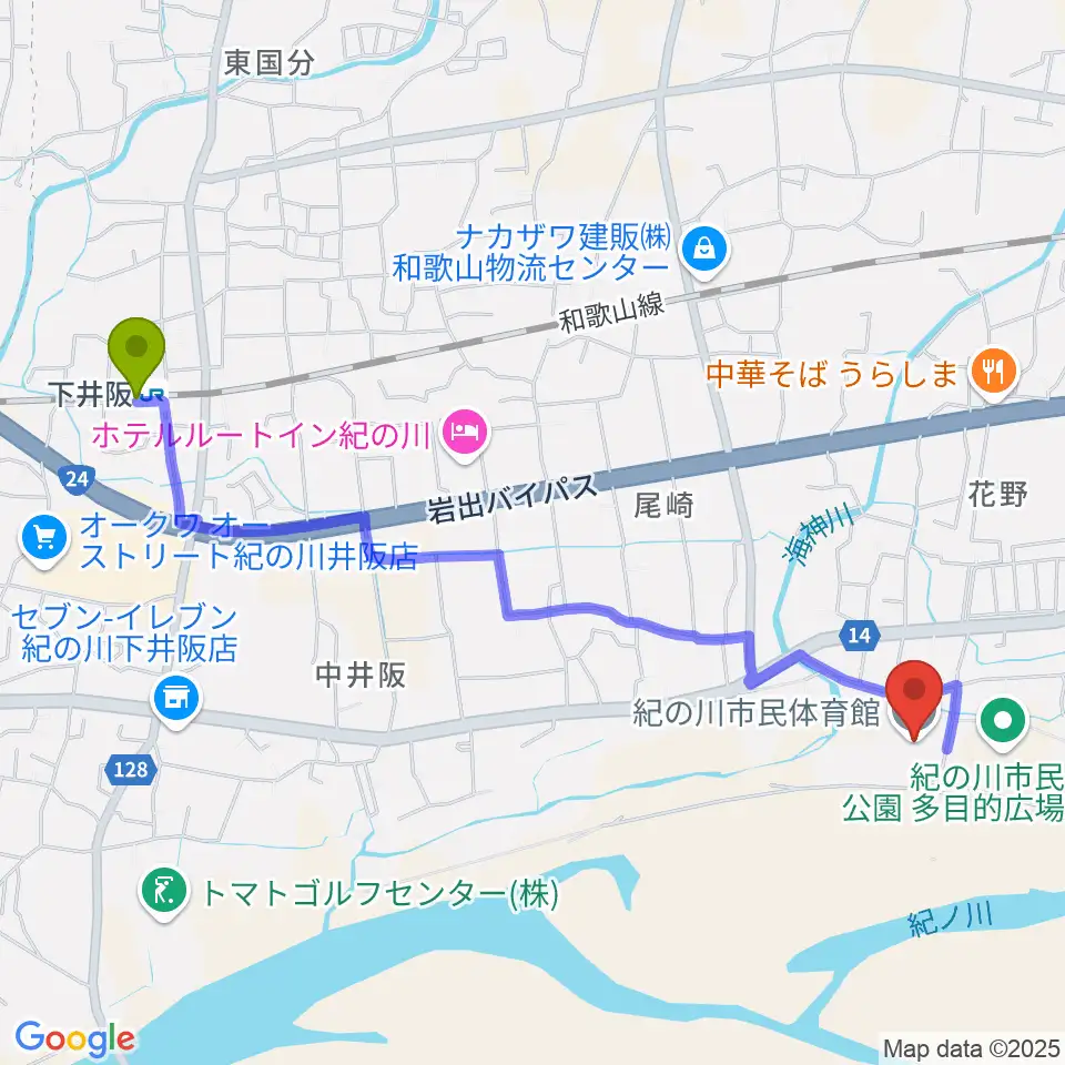 下井阪駅から紀の川市民体育館へのルートマップ地図