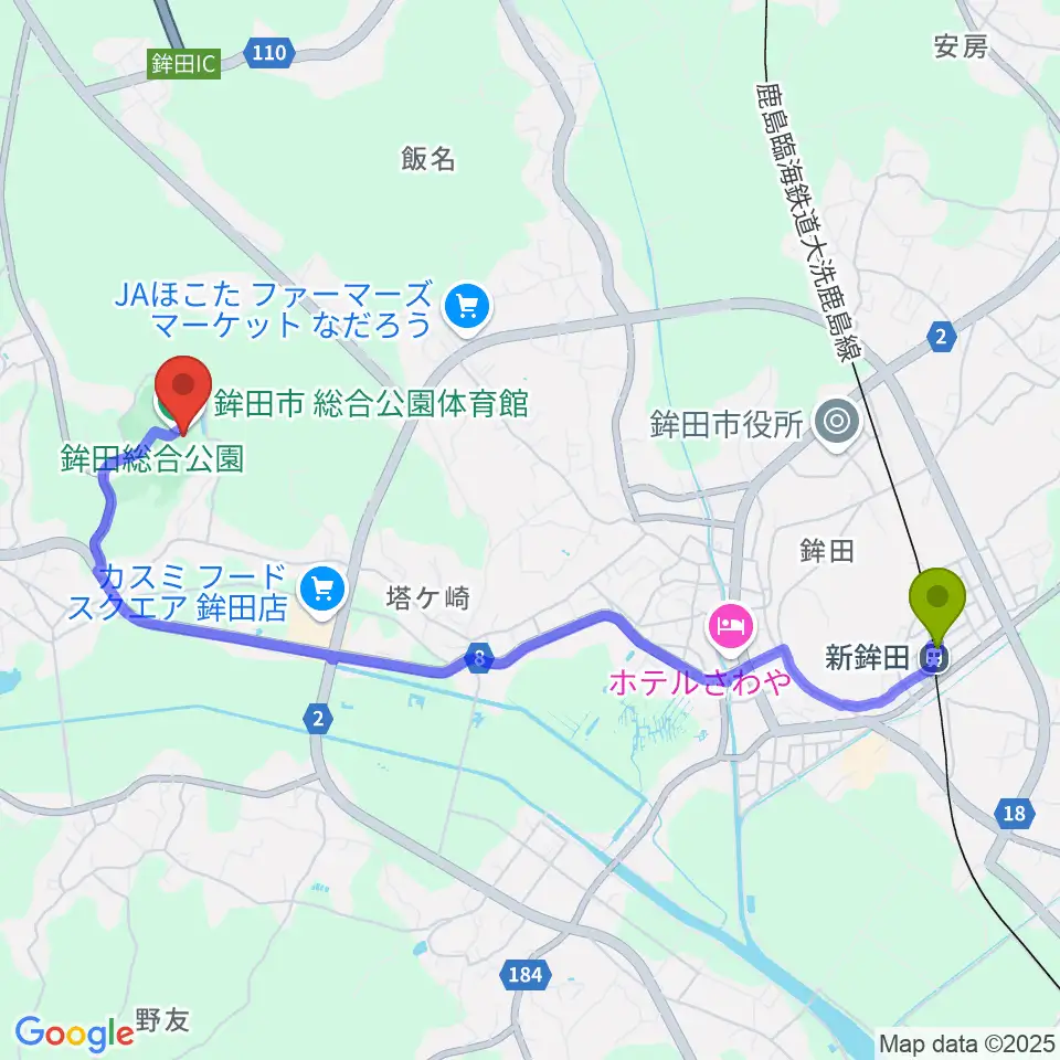 鉾田市総合公園体育館の最寄駅新鉾田駅からの徒歩ルート（約46分）地図