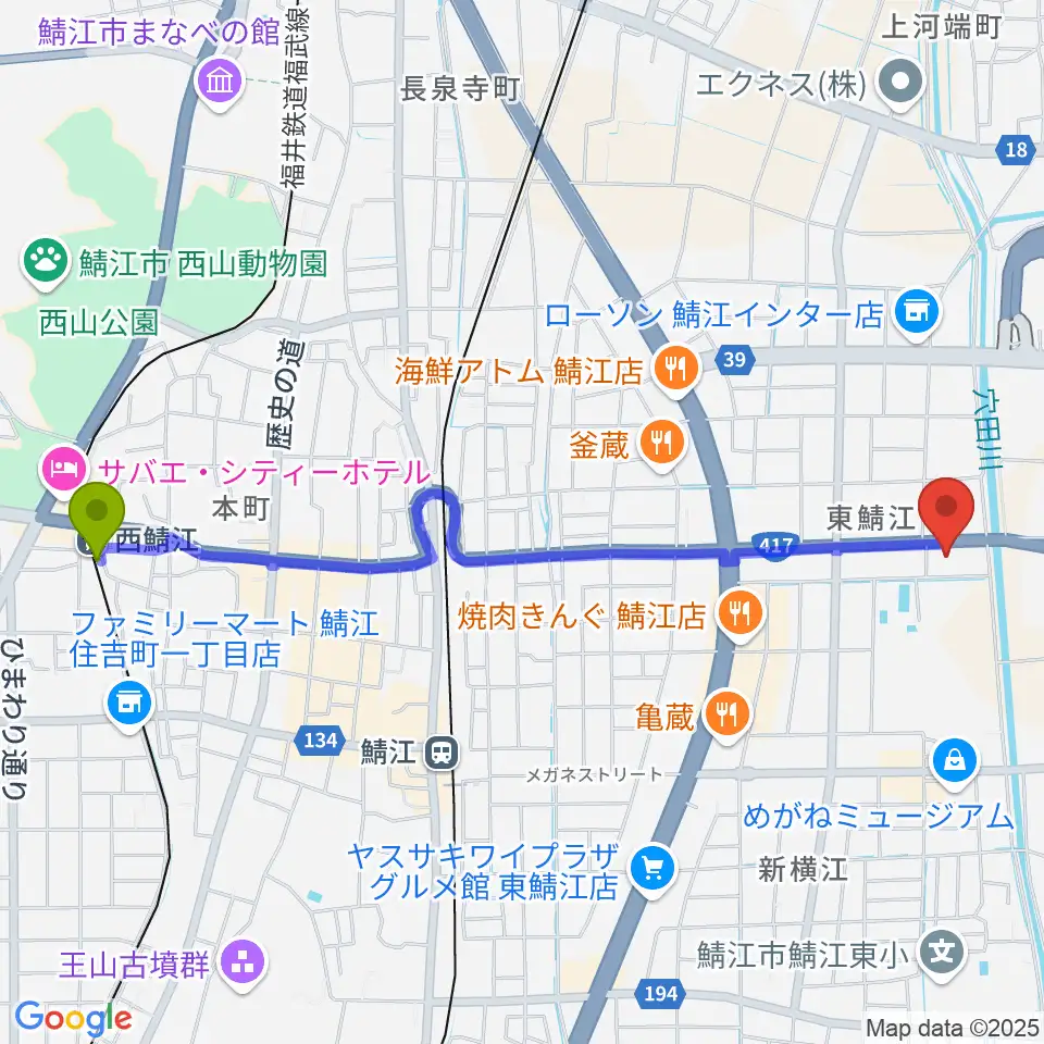 西鯖江駅から伊藤柏翠俳句記念館へのルートマップ地図