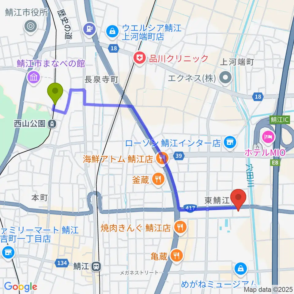 西山公園駅から伊藤柏翠俳句記念館へのルートマップ地図