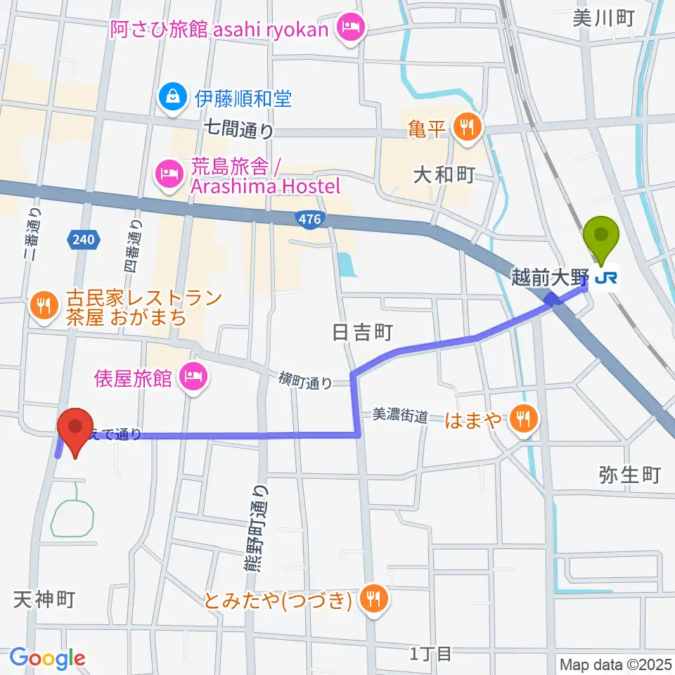 大野市歴史博物館の最寄駅越前大野駅からの徒歩ルート（約13分）地図