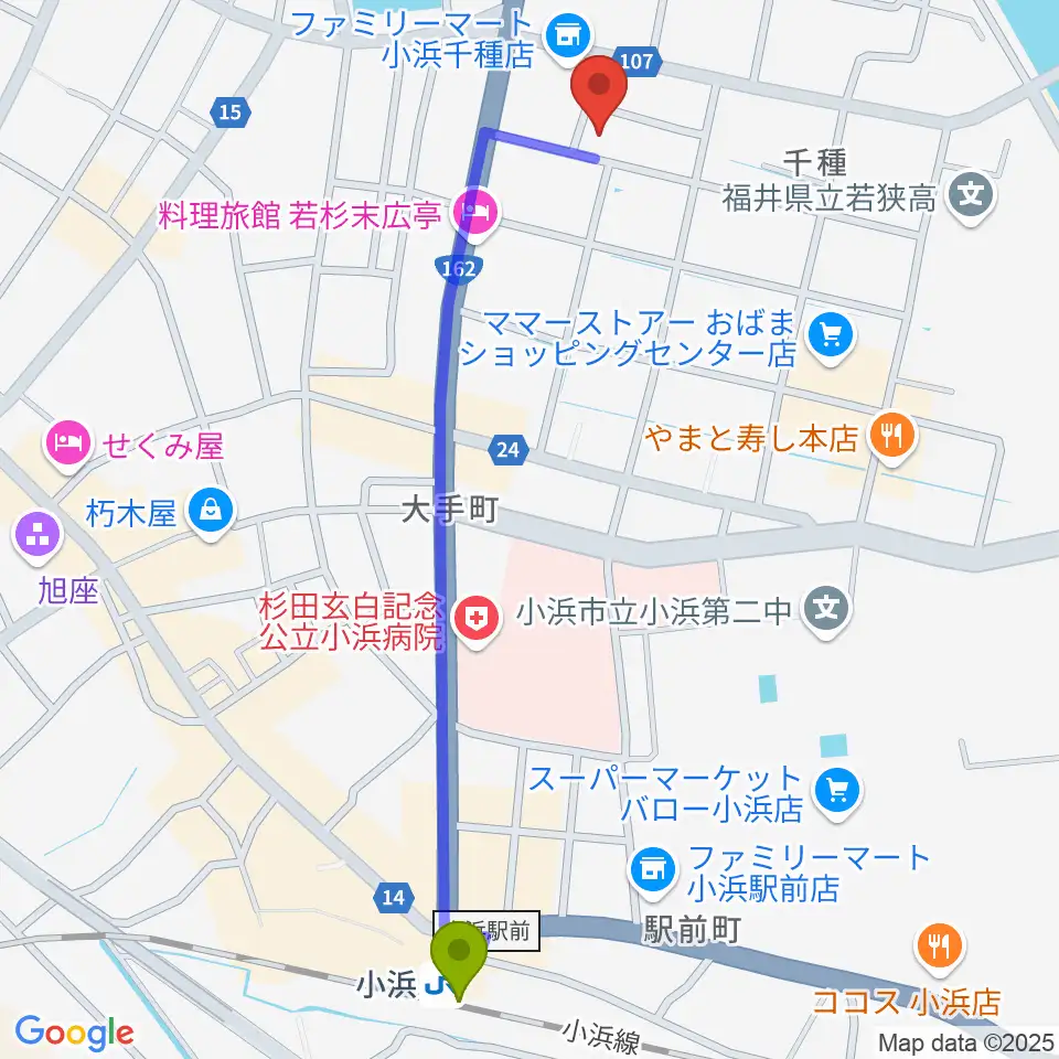 山川登美子記念館の最寄駅小浜駅からの徒歩ルート（約13分）地図
