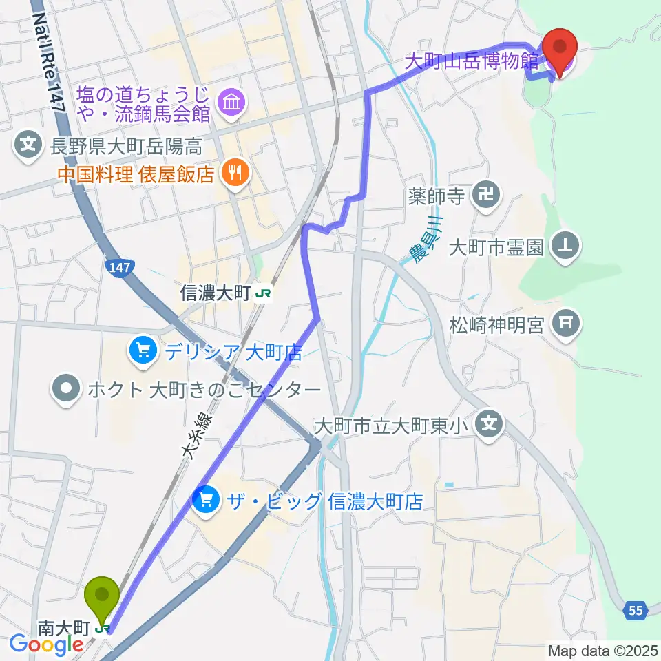 南大町駅から市立大町山岳博物館へのルートマップ地図