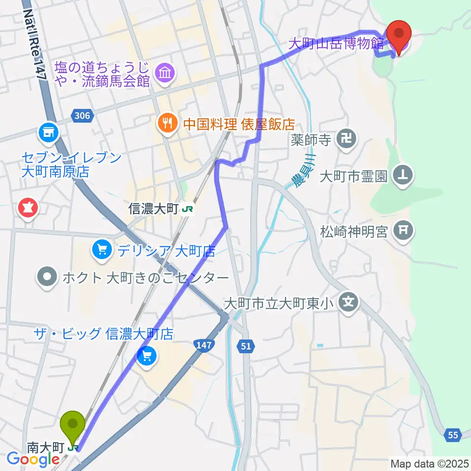 南大町駅から市立大町山岳博物館へのルートマップ地図