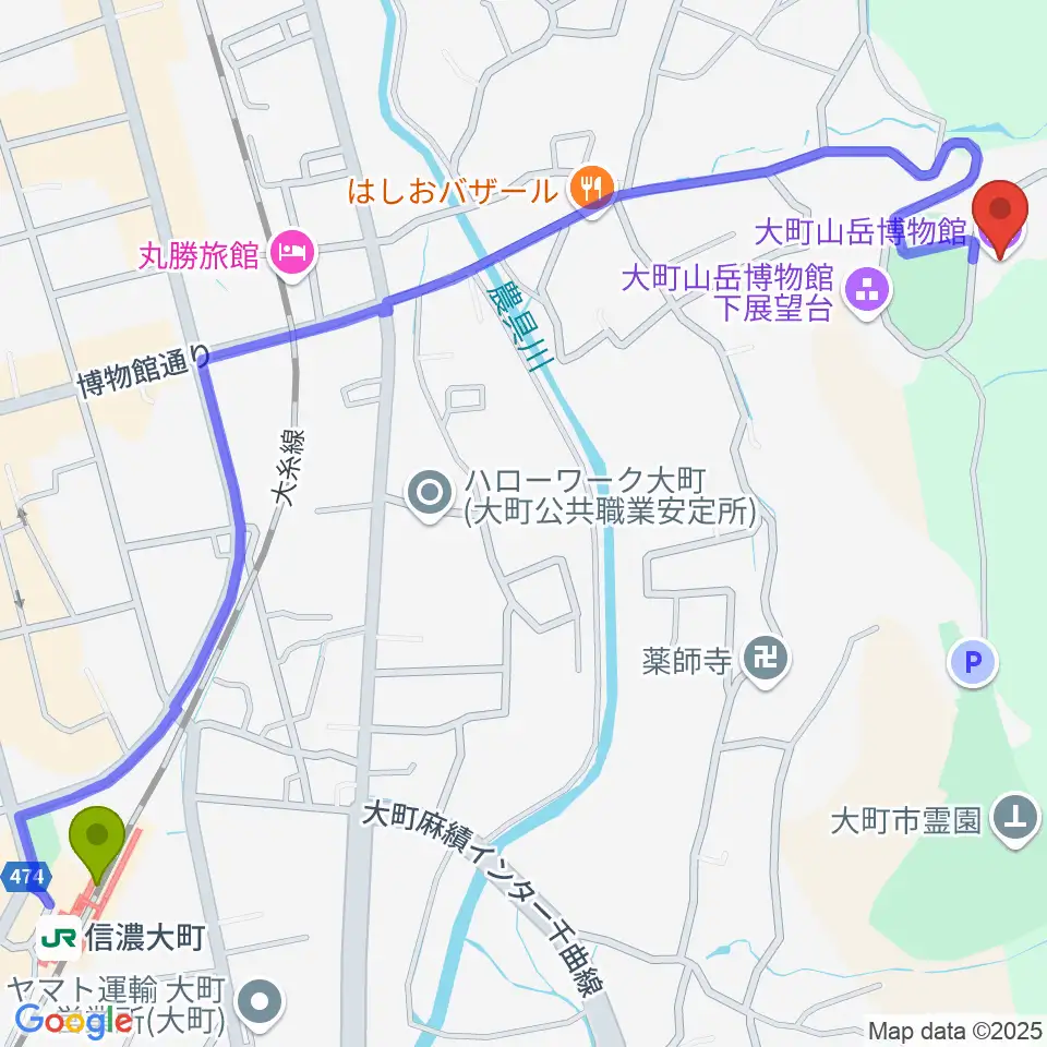 市立大町山岳博物館の最寄駅信濃大町駅からの徒歩ルート（約16分）地図