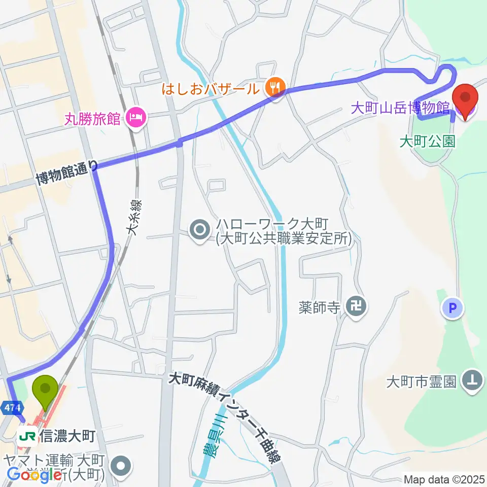市立大町山岳博物館の最寄駅信濃大町駅からの徒歩ルート（約16分）地図
