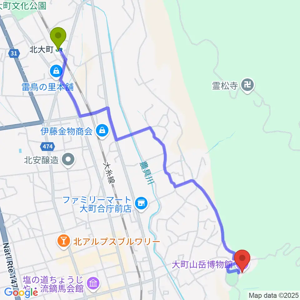 北大町駅から市立大町山岳博物館へのルートマップ地図