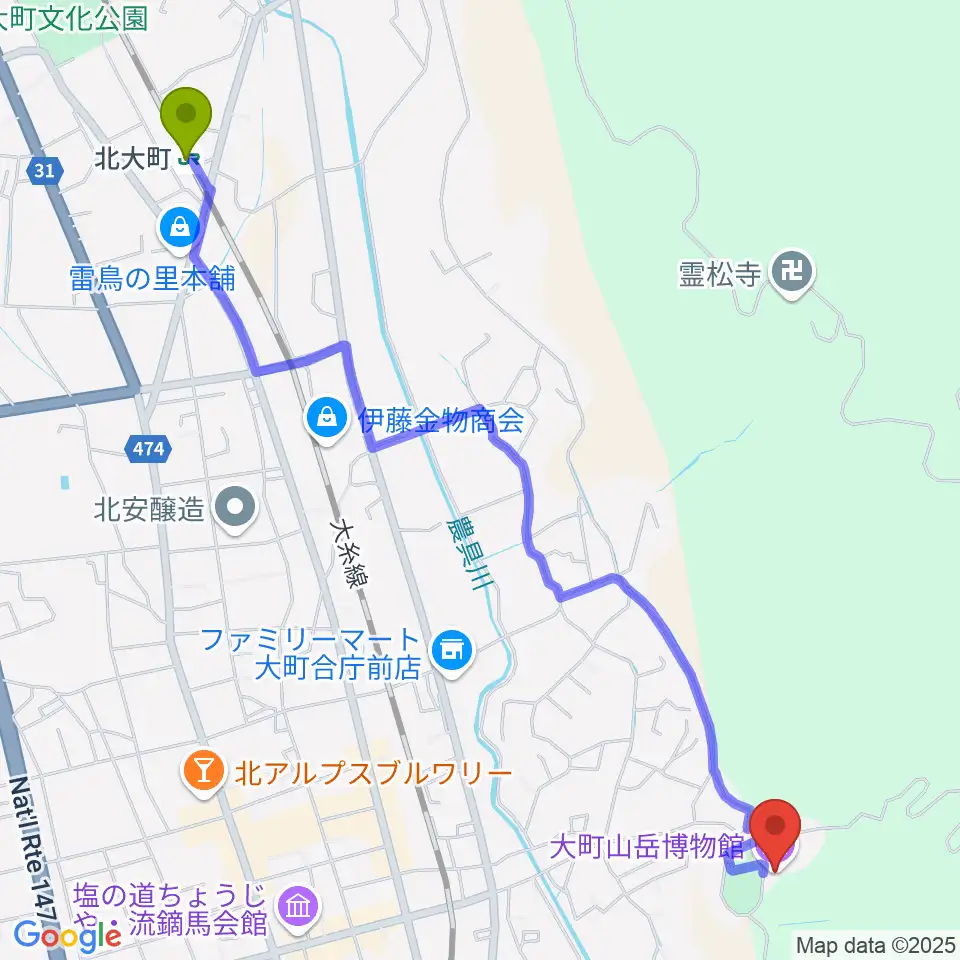 北大町駅から市立大町山岳博物館へのルートマップ地図