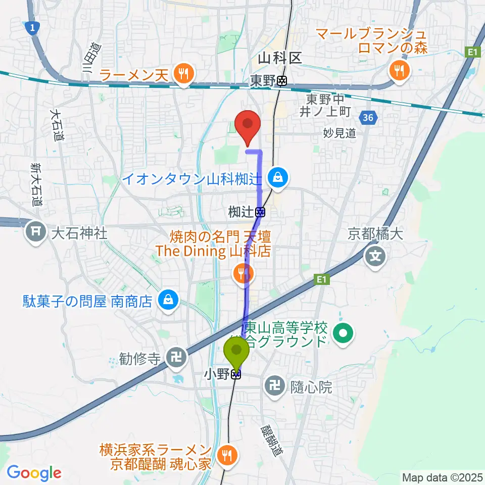 小野駅から山科地域体育館へのルートマップ地図