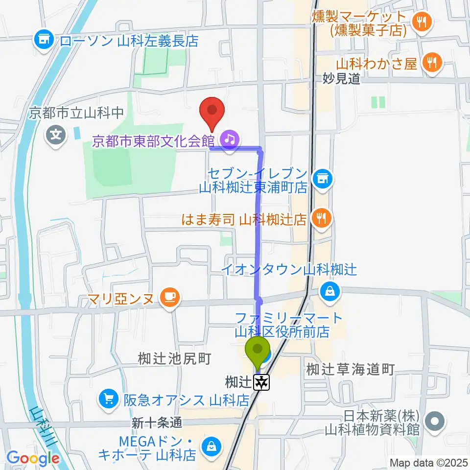 山科地域体育館の最寄駅椥辻駅からの徒歩ルート（約8分）地図