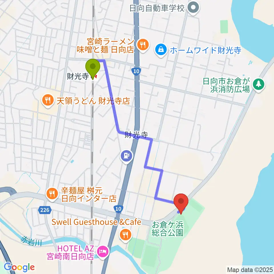 メディキットスタジアムの最寄駅財光寺駅からの徒歩ルート（約19分）地図