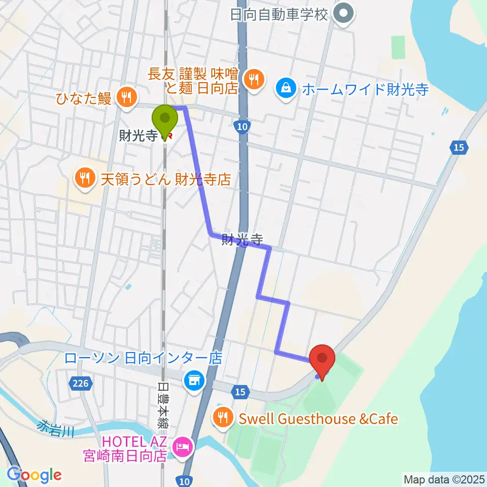 メディキットスタジアムの最寄駅財光寺駅からの徒歩ルート（約19分）地図