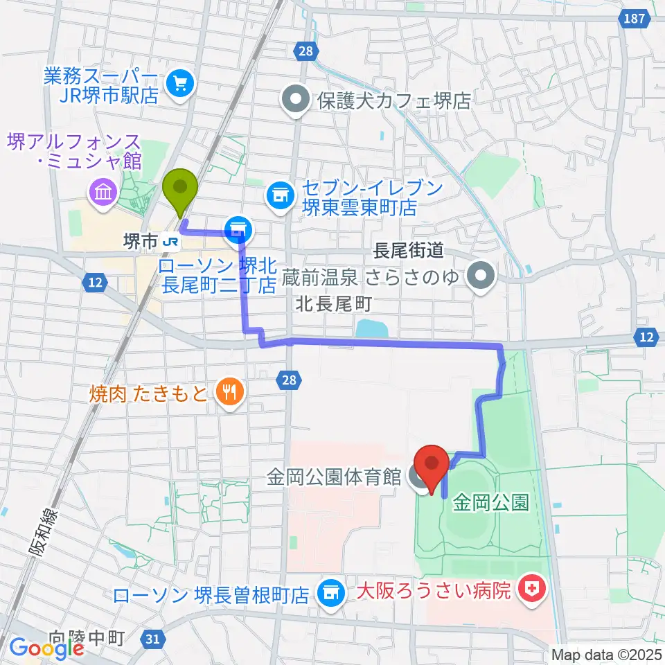 堺市駅から堺市金岡公園体育館へのルートマップ地図