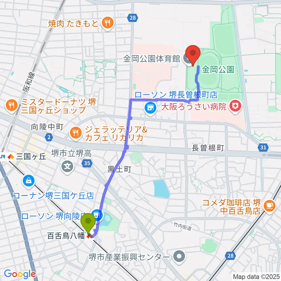百舌鳥八幡駅から堺市金岡公園体育館へのルートマップ地図