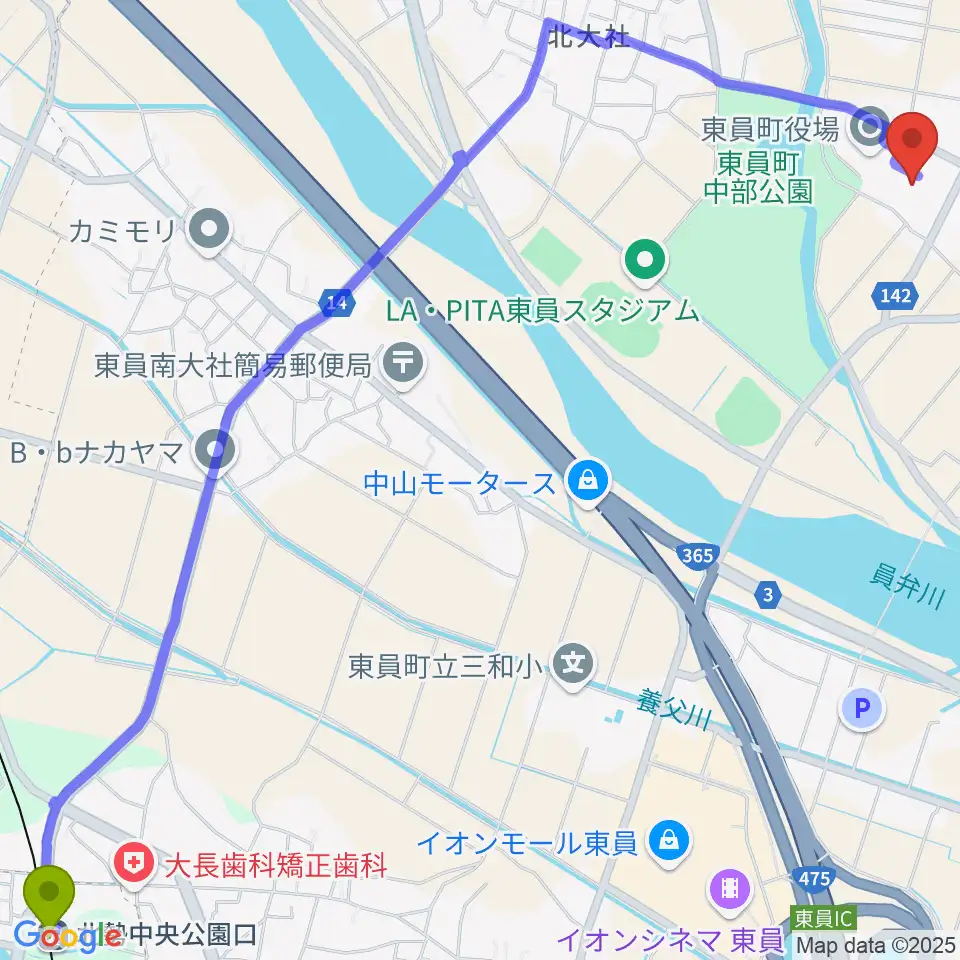 北勢中央公園口駅から東員町総合体育館へのルートマップ地図