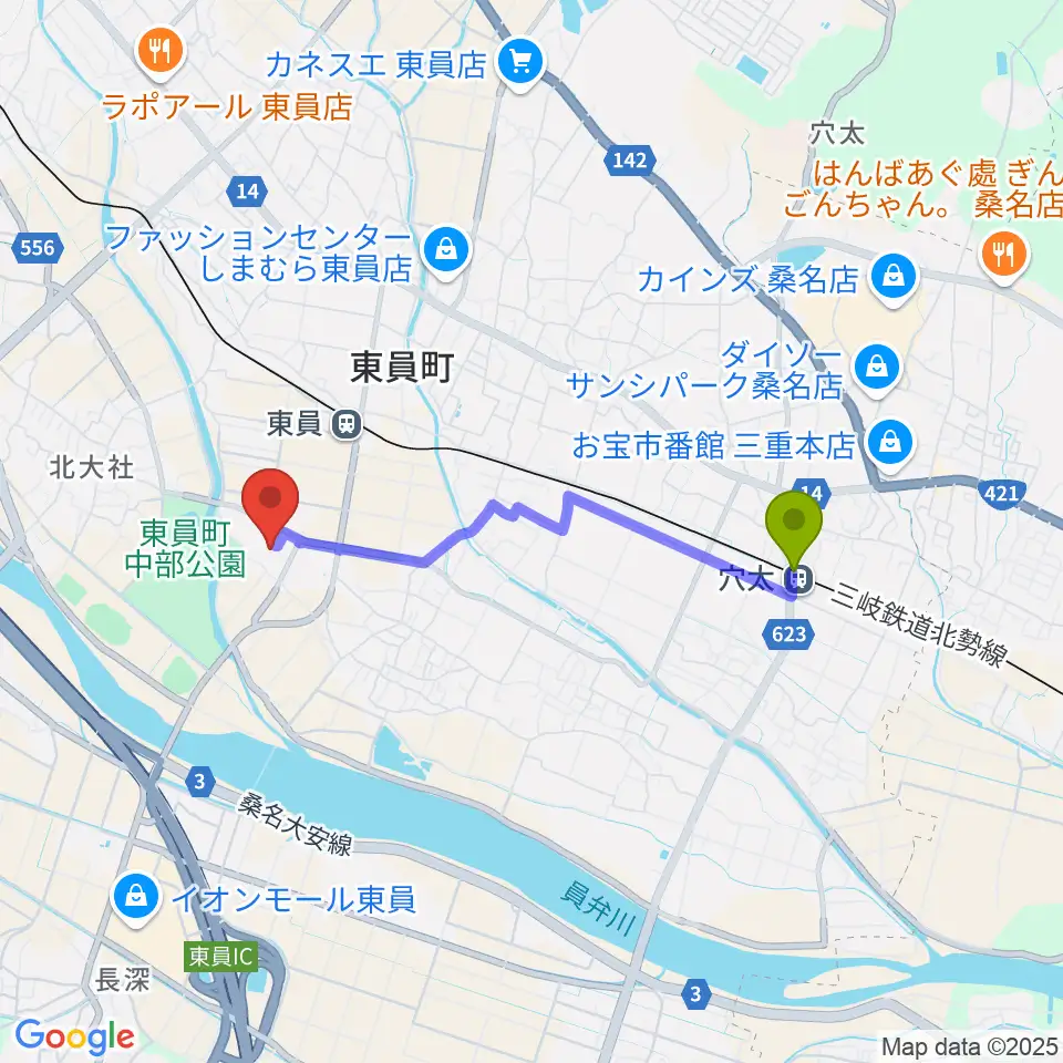 穴太駅から東員町総合体育館へのルートマップ地図