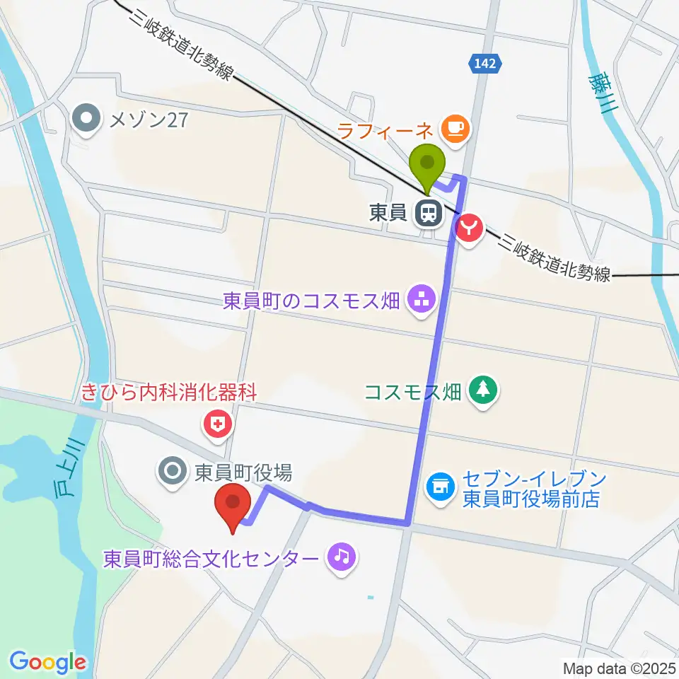 東員町総合体育館の最寄駅東員駅からの徒歩ルート（約9分）地図