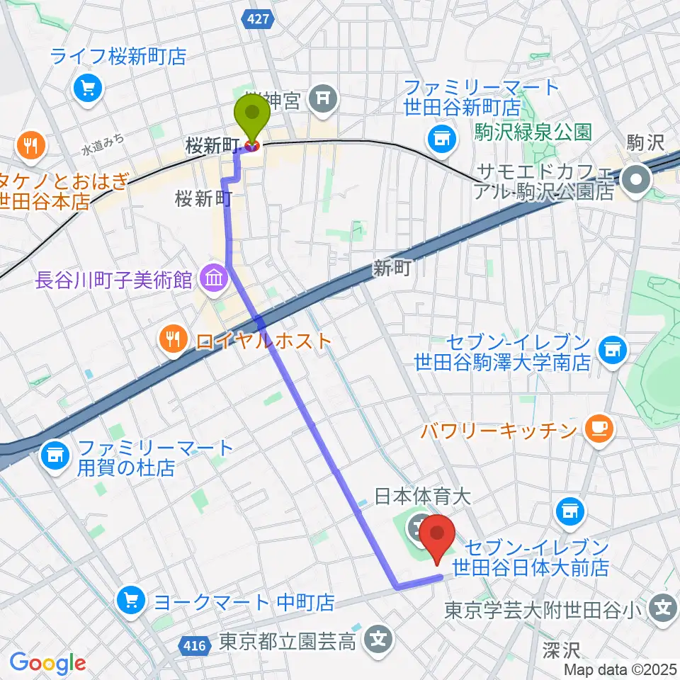 日本体育大学世田谷キャンパス メインアリーナの最寄駅桜新町駅からの徒歩ルート（約21分）地図