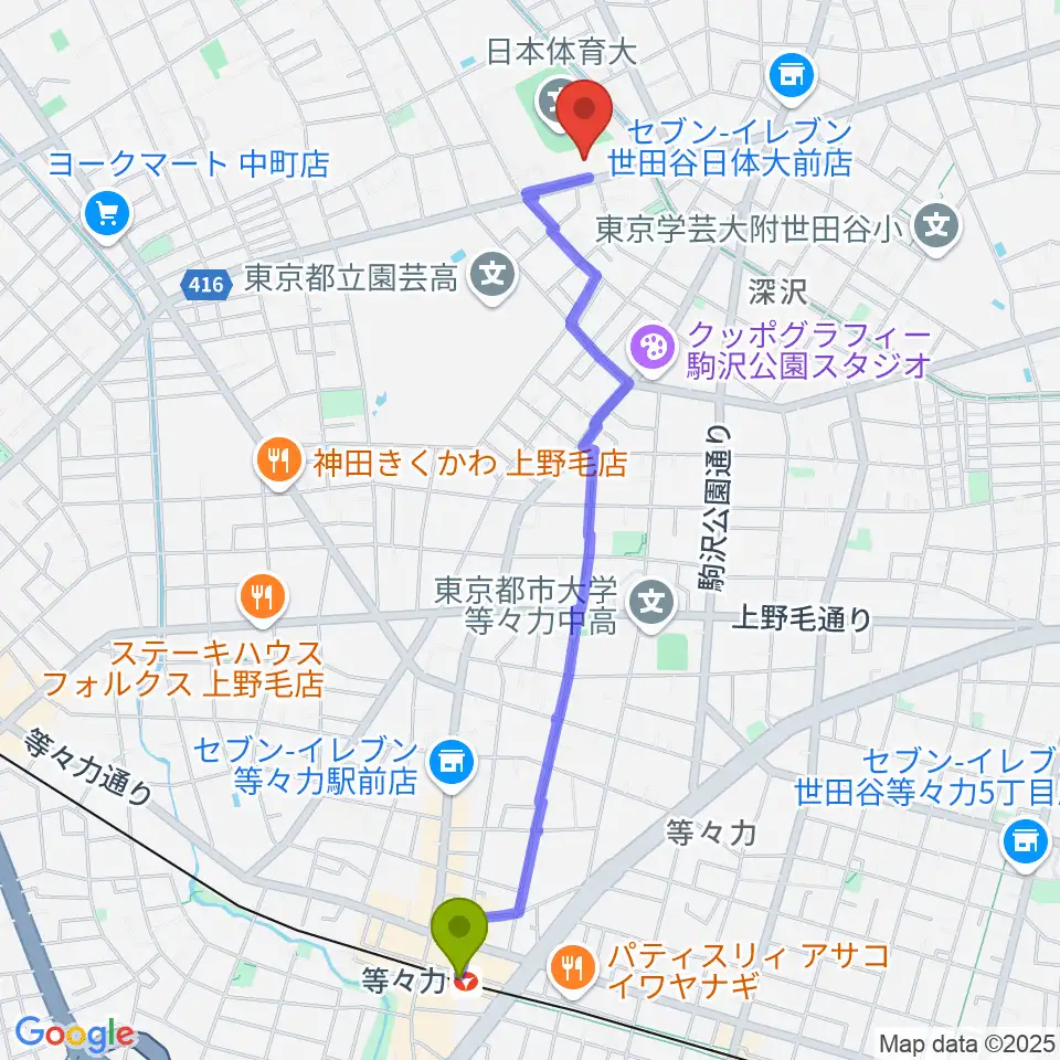 等々力駅から日本体育大学世田谷キャンパス メインアリーナへのルートマップ地図