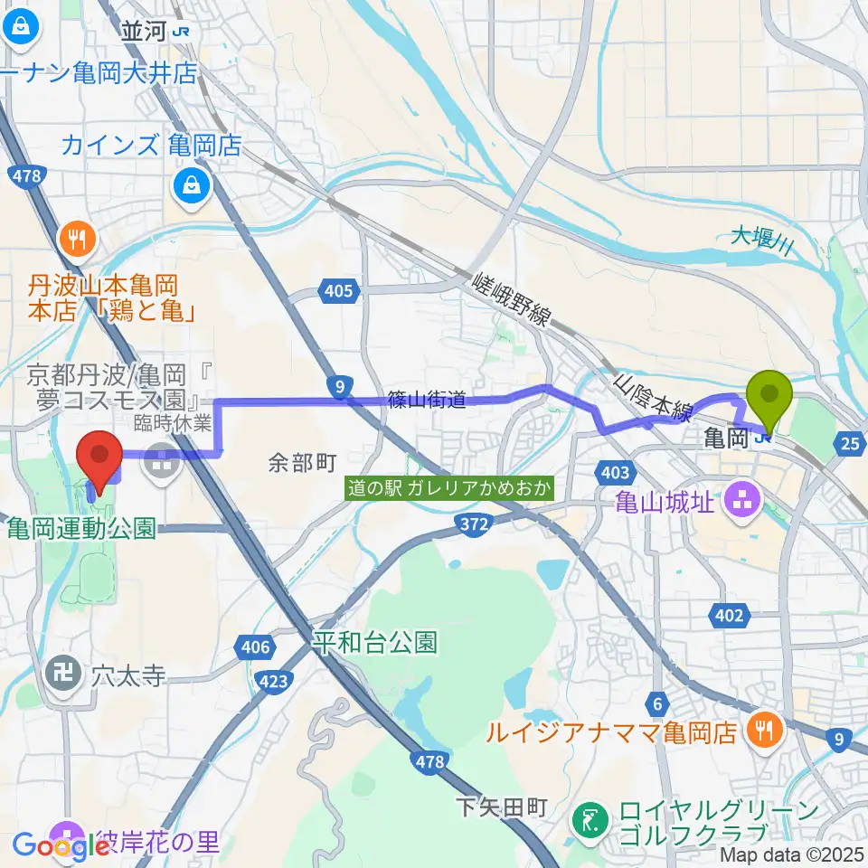 亀岡駅から亀岡運動公園体育館へのルートマップ地図