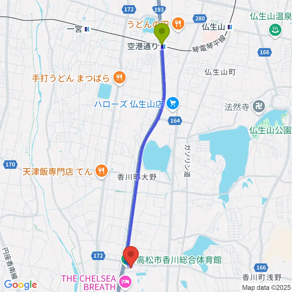 高松市香川総合体育館の最寄駅空港通り駅からの徒歩ルート（約49分）地図