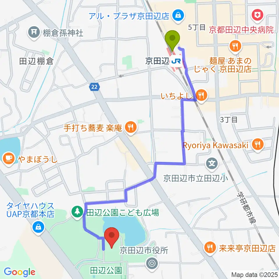 京田辺市田辺中央体育館の最寄駅京田辺駅からの徒歩ルート（約12分）地図