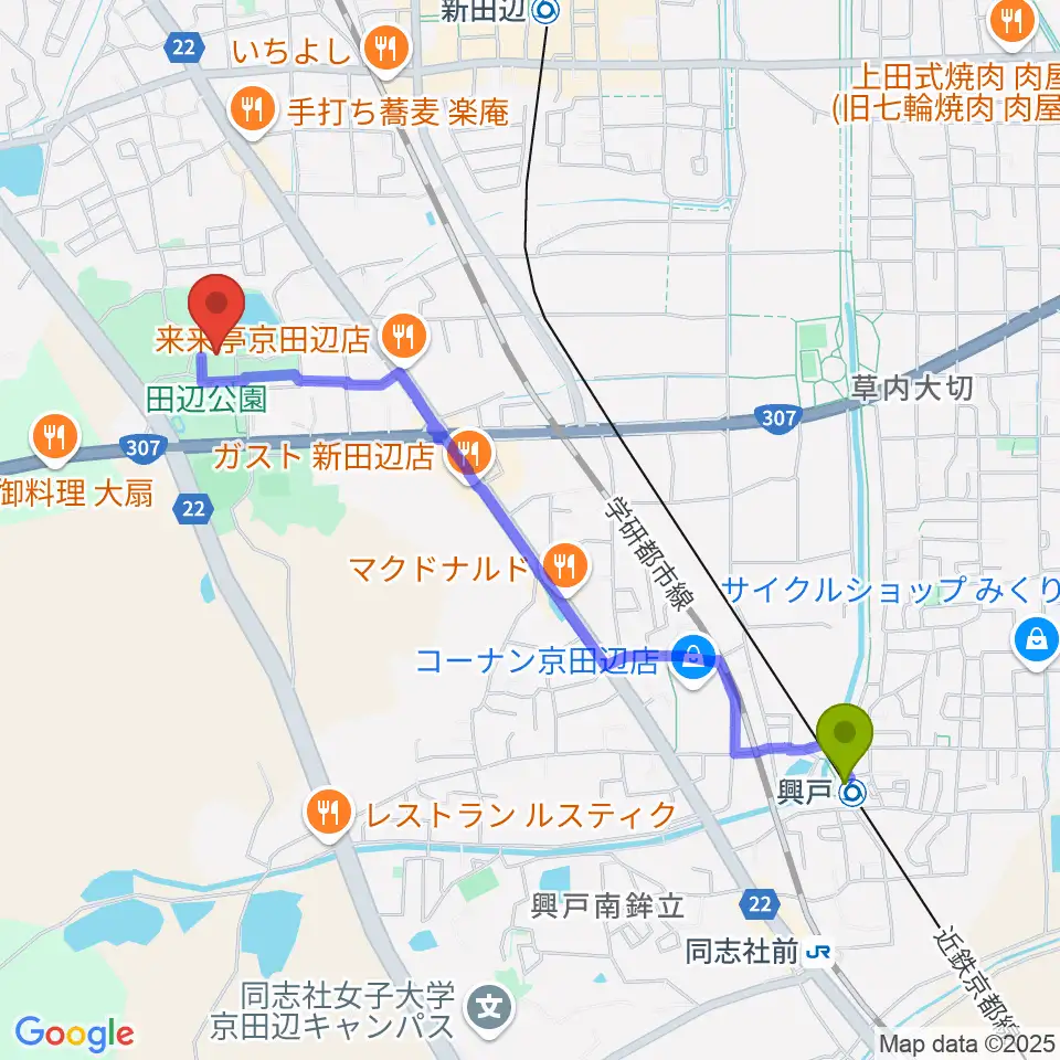 興戸駅から京田辺市田辺中央体育館へのルートマップ地図