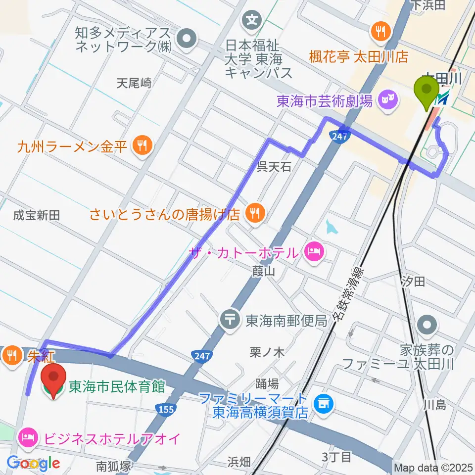 太田川駅から東海市民体育館へのルートマップ地図