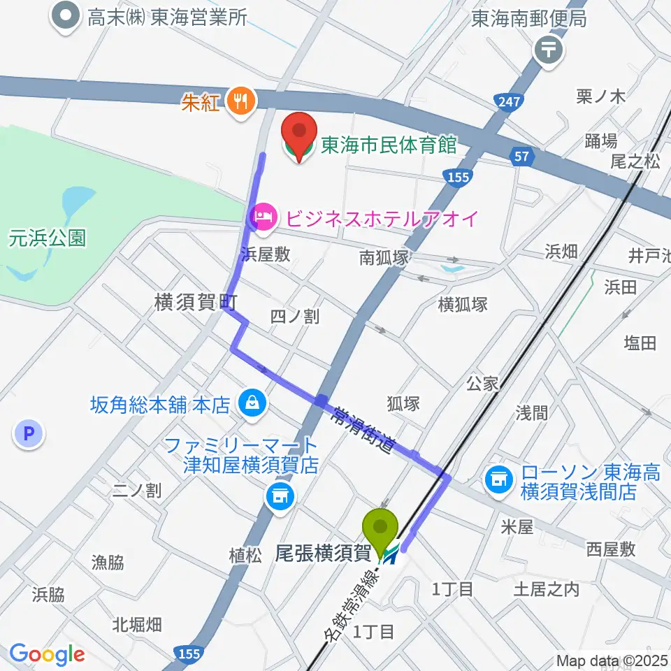 東海市民体育館の最寄駅尾張横須賀駅からの徒歩ルート（約9分）地図