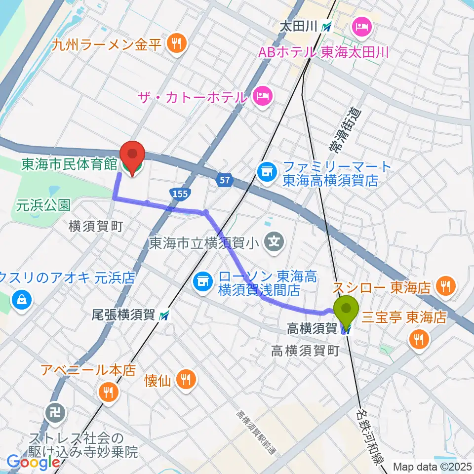 高横須賀駅から東海市民体育館へのルートマップ地図