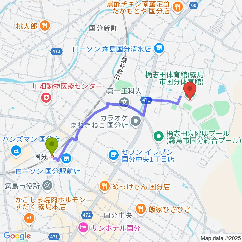 桷志田体育館の最寄駅国分駅からの徒歩ルート（約20分）地図