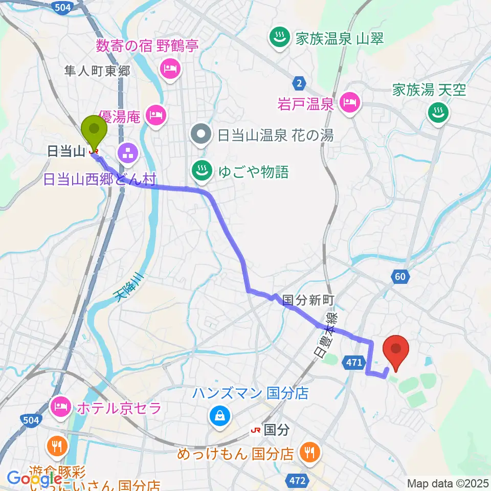 日当山駅から桷志田体育館へのルートマップ地図