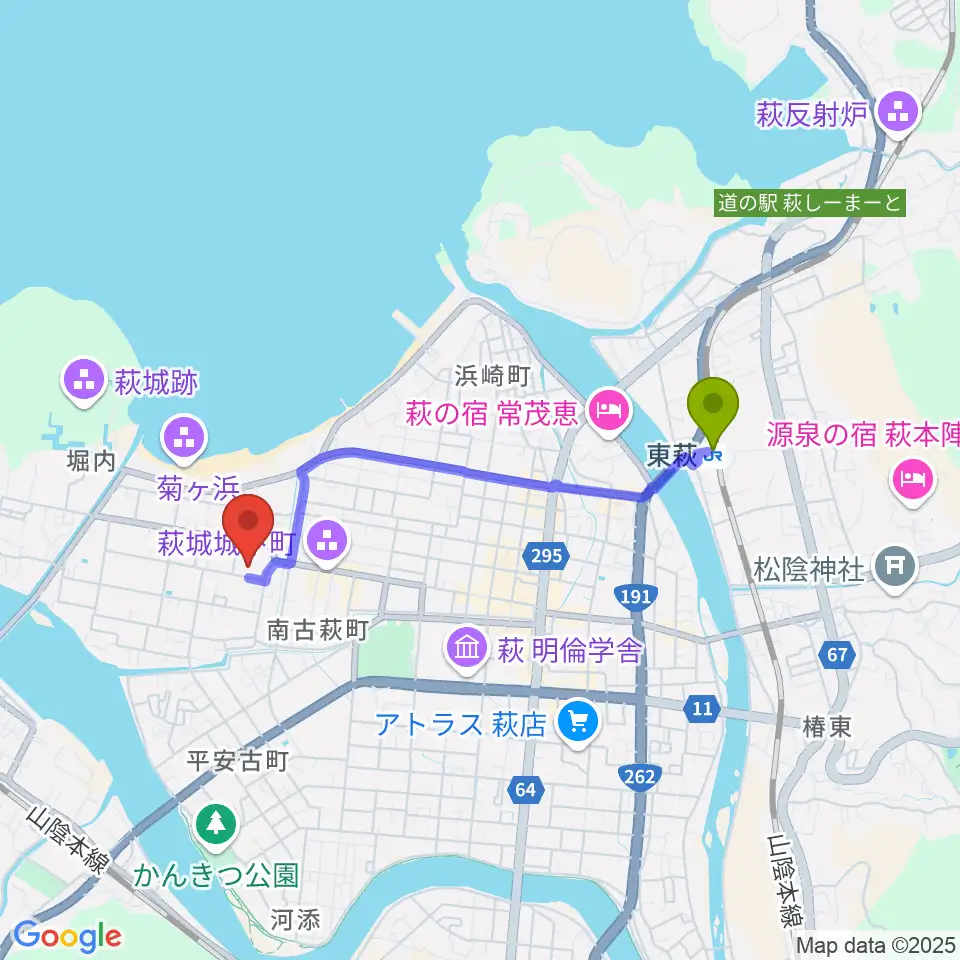 東萩駅から萩博物館へのルートマップ地図